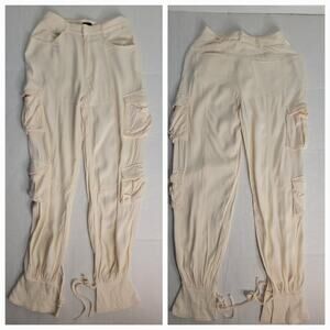 NBD Satin Cargo Pants Womens SZ Small Tie Hem Bow High Rise Ivory Drapey